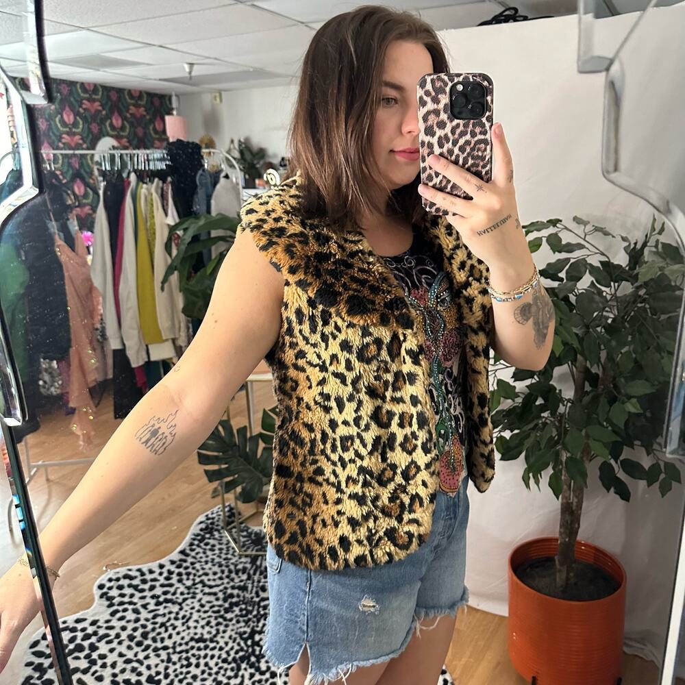 Vintage leopard cheetah fur cropped vest Y2k - Picture 6 of 6